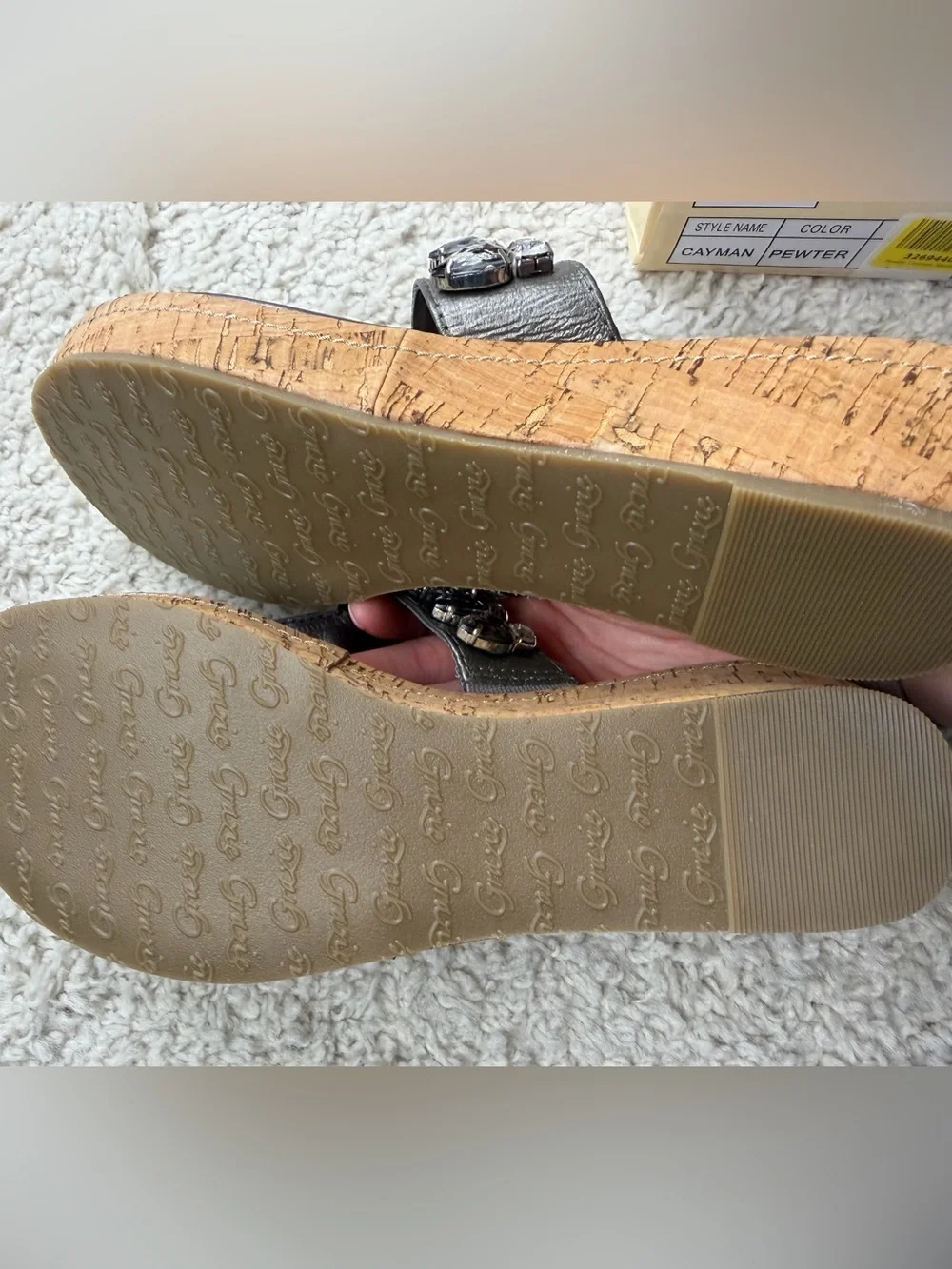 SZ 8 Grazie Black Jeweled Cork Wedge Thong Sandals